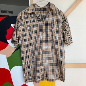 Burberry Plaid Print Short Sleeve Button Up Shirt
